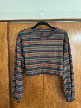 H&M Striped Cropped Long Sleeve Top - Teal & Rust